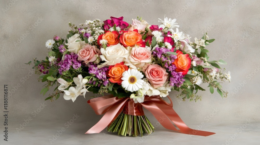 Obraz premium A vibrant bunch of mixed flowers, including roses, daisies, and lilies, tied with a satin ribbon against a soft, blurred background.