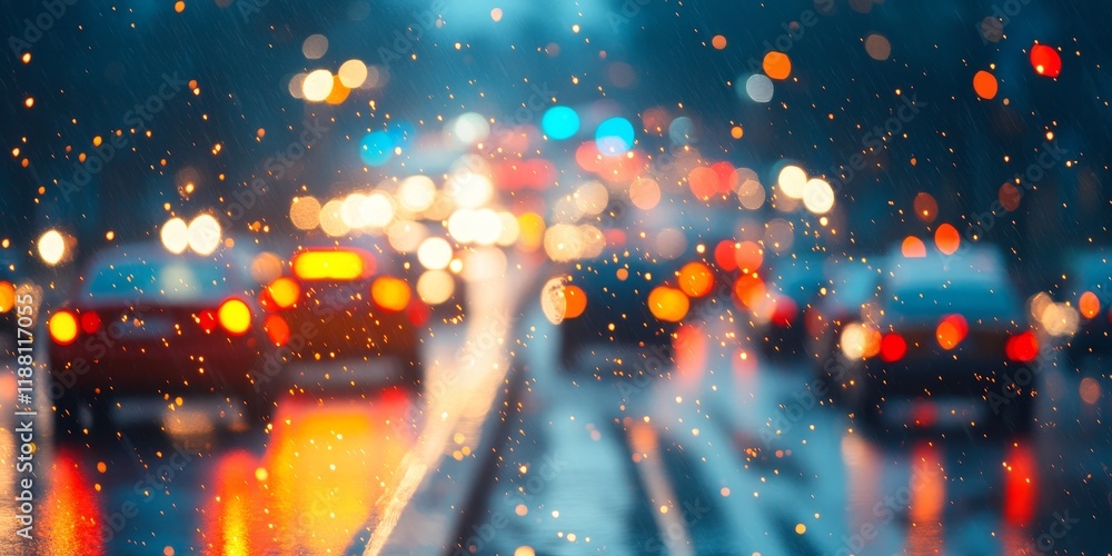 Abstract bokeh of light creates a beautiful display, showcasing blurred defocused lights of cars in a traffic jam. This rainy road background emphasizes the captivating abstract bokeh of light. Abstract bokeh of light creates a beautiful display, showcasing blurred defocused lights of cars in a traffic jam. This rainy road background emphasizes the captivating abstract bokeh of light.
