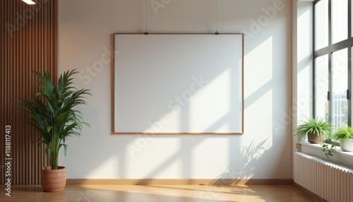 An unmarked poster space on a conference room wall awaiting new graphic content.