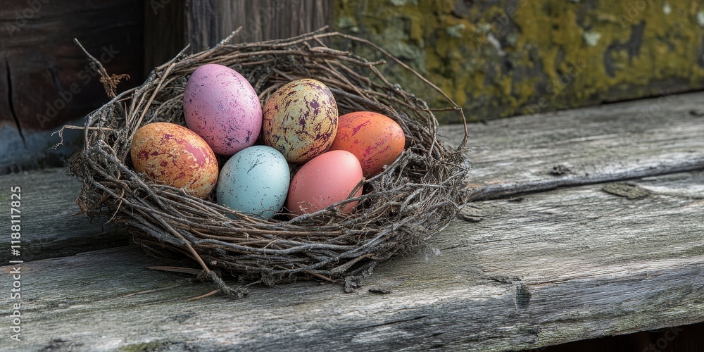 Obraz premium Easter eggs nestled in a charming nest on weathered wooden planks create a delightful and festive scene, perfect for celebrating Easter and capturing the spirit of the season with Easter eggs.