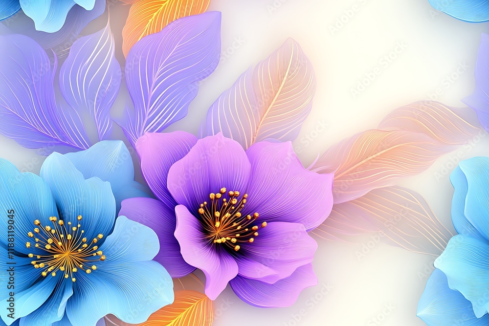 Obraz premium Seamless abstract beautiful purple and blue magical flowers, Beautiful Abstract 3D Floral Design in Purple and Blue