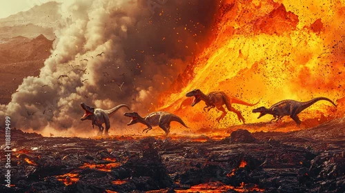 Fototapeta Dinosaurs Running from Erupting Volcano in Fiery Landscape