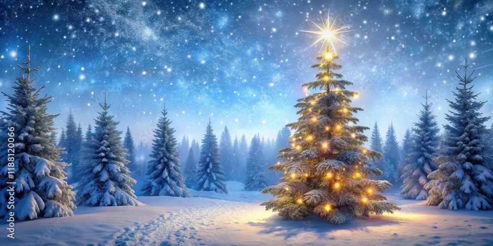 Snowy forest landscape with a towering Christmas tree standing alone amidst sparkling snowflakes and frosty branches covered in twinkling icicles , nature, christmas Snowy forest landscape with a towering Christmas tree standing alone amidst sparkling snowflakes and frosty branches covered in twinkling icicles , nature, christmas