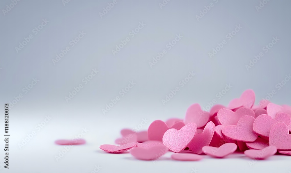 Pink hearts scattered on white, simple background, romantic design, Valentine's Day card Pink hearts scattered on white, simple background, romantic design, Valentine's Day card