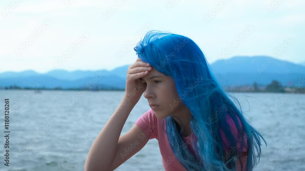 Stressed girl on morning shore. A sad pensive teen resting on the beach and think about her problems during summer holidays. Stressed girl on morning shore. A sad pensive teen resting on the beach and think about her problems during summer holidays.