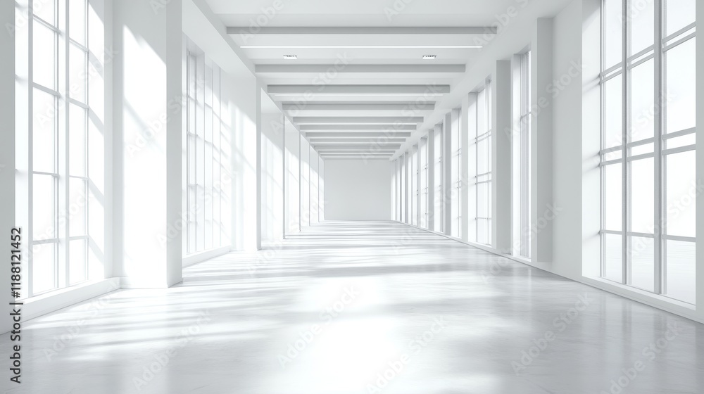 Sunlit white hallway with large windows and high ceiling.