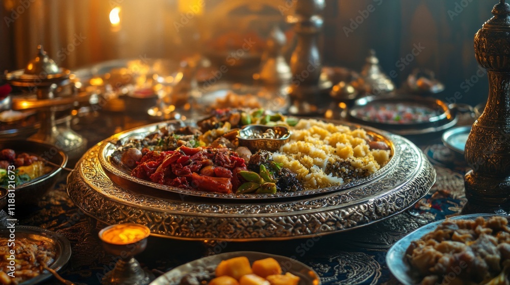 Naklejka premium An ornate platter displays a lavish array of delicious Indian cuisine