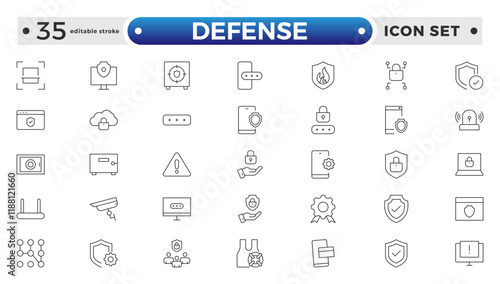 Set of Defense and security web icons in line style. Guard, cyber security, password, smart home, safety, data protection, key, shield, lock, unlock, eye access. Editable stroke outline icon.