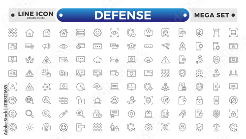 Set of Defense and security web icons in line style. Guard, cyber security, password, smart home, safety, data protection, key, shield, lock, unlock, eye access. Editable stroke outline icon.