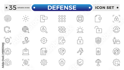 Set of Defense and security web icons in line style. Guard, cyber security, password, smart home, safety, data protection, key, shield, lock, unlock, eye access. Editable stroke outline icon.
