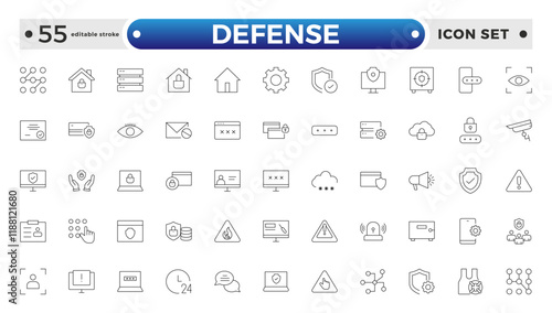 Set of Defense and security web icons in line style. Guard, cyber security, password, smart home, safety, data protection, key, shield, lock, unlock, eye access. Editable stroke outline icon.