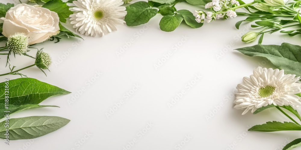 cheerful floral flat lay featuring variety of white flowers and greenery, perfect for spring decor or invitations cheerful floral flat lay featuring variety of white flowers and greenery, perfect for spring decor or invitations