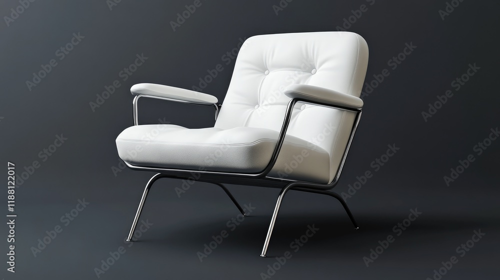 Obraz premium Elegant white leather chair, styled with metallic armrests, placed on a solid charcoal grey background.
