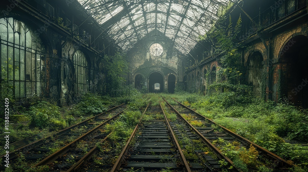 Abandoned Train Station Overrun by Nature with Overgrown Tracks and Vegetation Abandoned Train Station Overrun by Nature with Overgrown Tracks and Vegetation