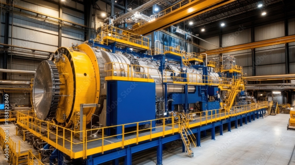 Industrial machinery operating in a brightly lit, high-tech manufacturing plant Industrial machinery operating in a brightly lit, high-tech manufacturing plant