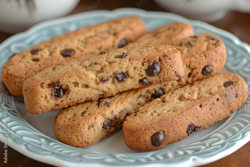 Crispy Chocolate Chip Biscotti on a Plate, Close-up Crispy Chocolate Chip Biscotti on a Plate, Close-up