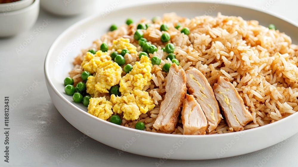 Chicken meal dinner concept. Chicken and rice with peas and scrambled eggs on a plate. Chicken meal dinner concept. Chicken and rice with peas and scrambled eggs on a plate.