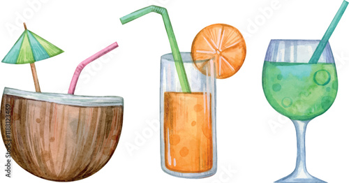 Watercolor hand painted painting set. Drinks, cocktails, coconut. Illustration isolated on white background. Use it for postcards, invitations, and scrapbooking.