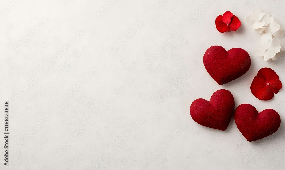 Fototapeta premium Red velvet hearts, flowers, white background; Valentine's Day card design