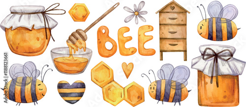 Watercolor hand painted Honey and Bee set. Illustration isolated on white background. Honey, honeycomb, beehive, bee. Use it for postcards, invitations, and scrapbooking. White background.