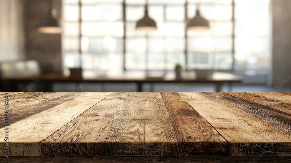 Rustic Wood Table Surface in Modern Industrial Interior Setting Rustic Wood Table Surface in Modern Industrial Interior Setting