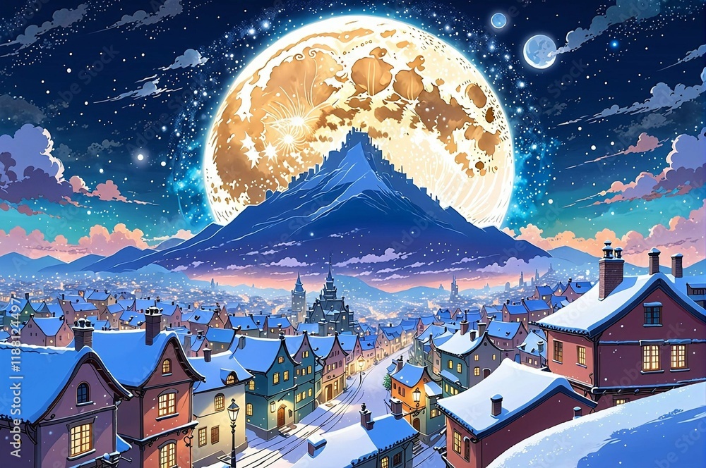 Fototapeta premium A winter scene with two full moons and a cloudy sky