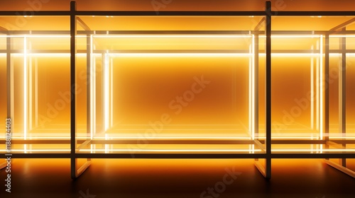Neon light tubes forming geometric patterns, golden hour lighting, light background with space on the left side of the frame,generative ai illustration