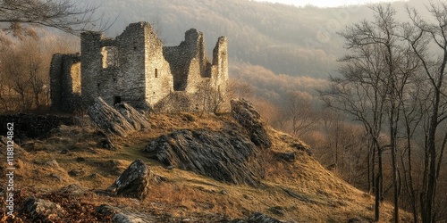 The remains of the walls of a once mighty castle are situated atop a wooded hill, showcasing the historical significance and enduring beauty of the castle s architecture. The castle stands as a photo