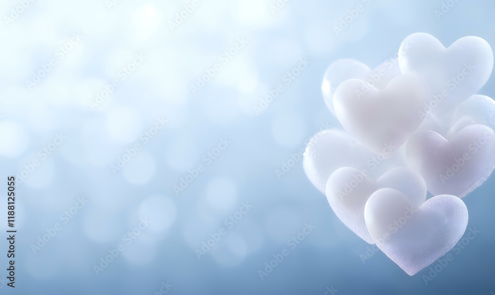 Fototapeta premium Soft white hearts float against a blurred blue bokeh background, perfect for Valentine's Day or romantic designs