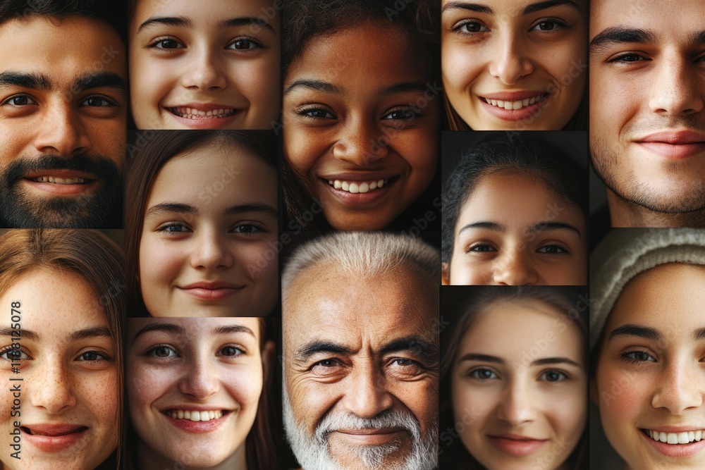 Diverse group headshots in mosaic representing multicultural society. Diverse group headshots in mosaic representing multicultural society.
