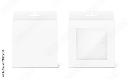 Universal blank paperboard boxes with clear window and hang slot mockup. Vector illustration isolated on white background, ready and simple to use for your design. EPS10.