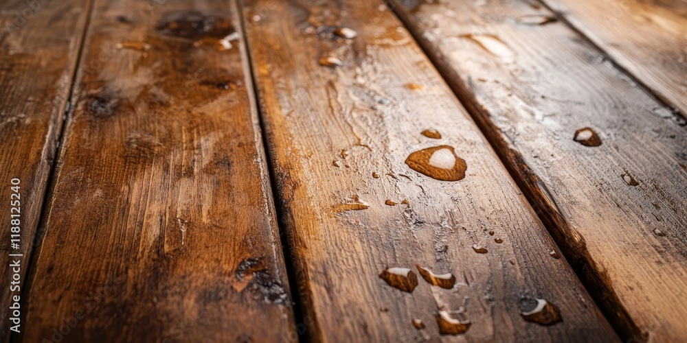 Obraz premium Water stains are visible on the wooden table, highlighting the effects of moisture on the wooden table surface. These water stains can impact the overall appearance of the wooden table.