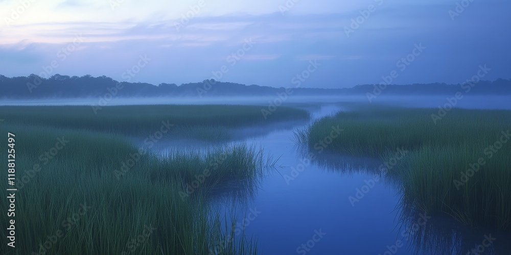 Fototapeta premium Twilight blankets the fog laden salt marsh, creating a serene atmosphere where the mysterious beauty of twilight enhances the tranquility of the salt marsh landscape.