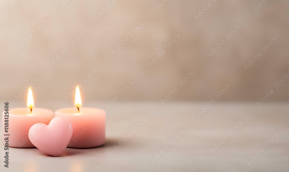 Two pink candles burning, heart-shaped decoration, on light surface, neutral background; romantic, spa, or wellness concept Two pink candles burning, heart-shaped decoration, on light surface, neutral background; romantic, spa, or wellness concept