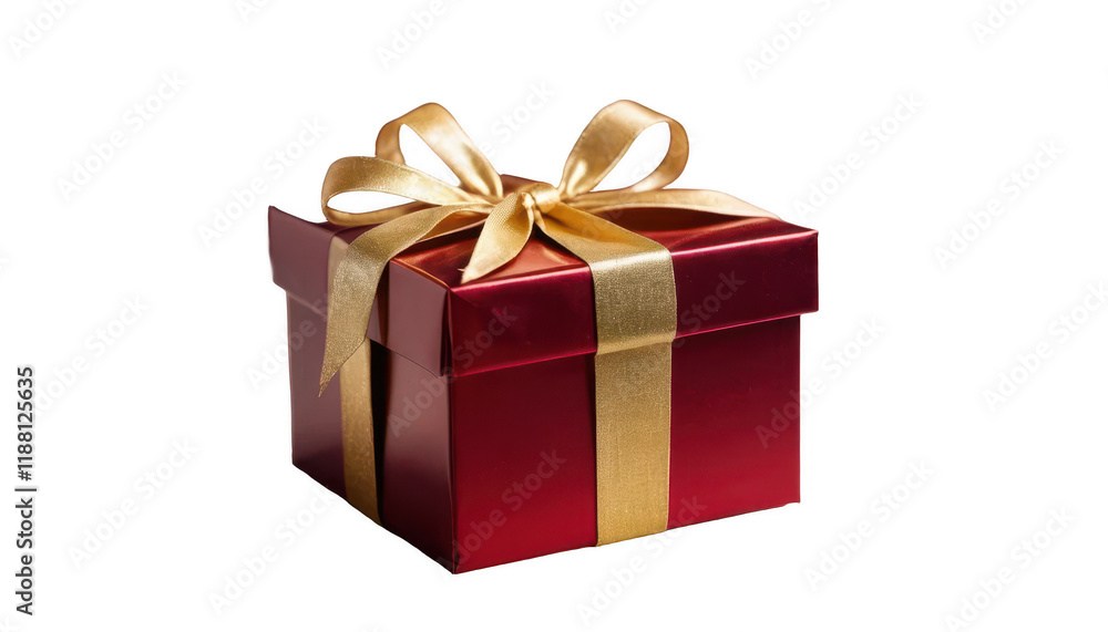 A beautifully wrapped gift box in deep red with a sparkling gold ribbon, A beautifully wrapped gift box in deep red with a sparkling gold ribbon,