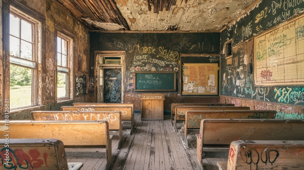 Abandoned Classroom with Old Desks and Graffiti on the Walls Abandoned Classroom with Old Desks and Graffiti on the Walls