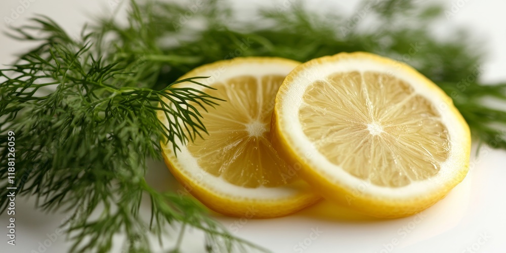 Fresh lemon slices paired with fresh dill herb create a vibrant and refreshing combination, perfect for enhancing various dishes with the bright flavors of lemon and aromatic dill herb. Fresh lemon slices paired with fresh dill herb create a vibrant and refreshing combination, perfect for enhancing various dishes with the bright flavors of lemon and aromatic dill herb.