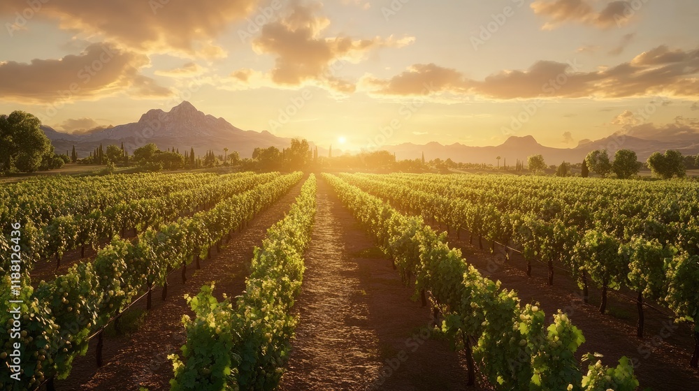Fototapeta premium Sunset over a vineyard, with rows of grapevines glowing under the golden light.