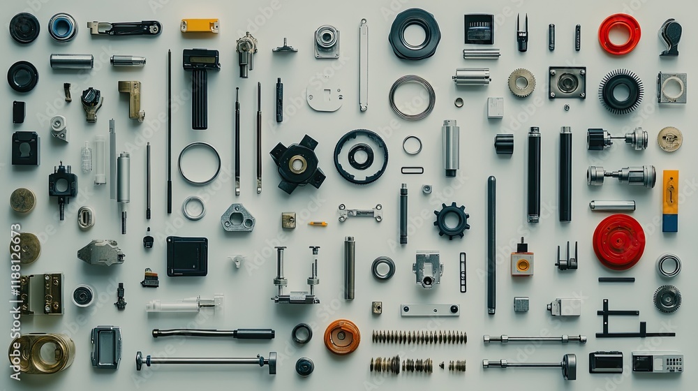 Robotic engineering parts, including sensors, actuators, and gears, carefully arranged for inspection. Robotic engineering parts, including sensors, actuators, and gears, carefully arranged for inspection.