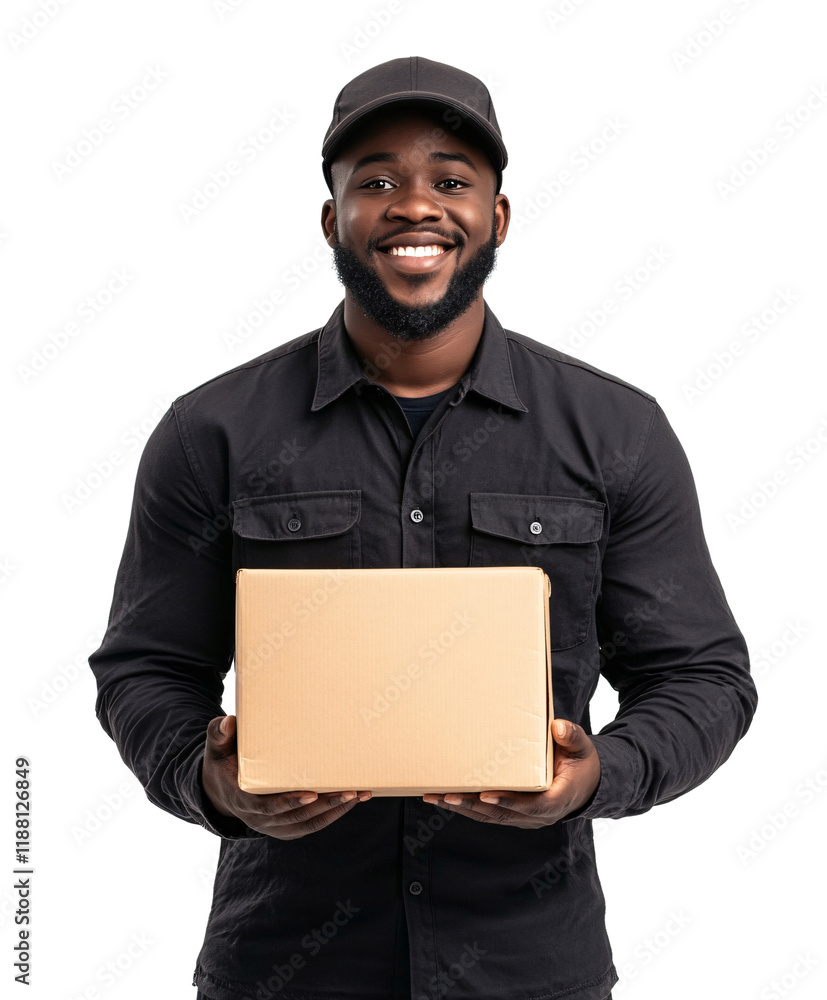 Smiling delivery man holding cardboard box, isolated on transparent background. Smiling delivery man holding cardboard box, isolated on transparent background.