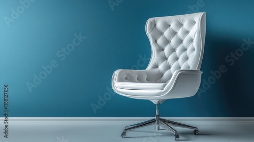 White leather office chair with clean modern lines, set on a gradient blue background. photo