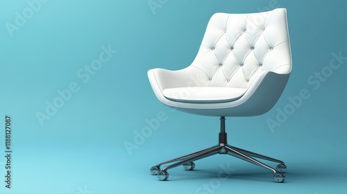 White leather office chair with clean modern lines, set on a gradient blue background. photo