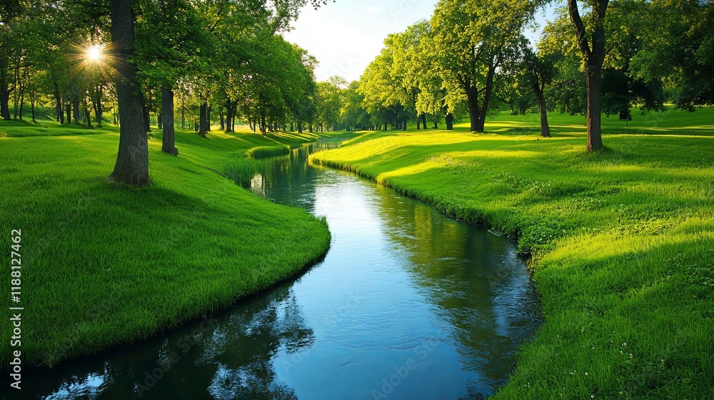 Naklejka premium Serene Stream: Lush Green Park Landscape in Sunlight