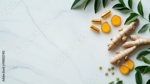 Wallpaper Mural Flat lay of turmeric, ginger, basil leaves, and yellow supplements arranged on a marble surface promoting health. Torontodigital.ca