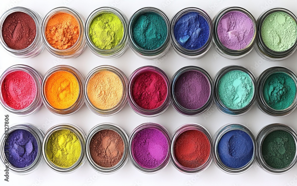 A vibrant array of powdered pigments in glass jars, showcasing a spectrum of dazzling colors. A feast for the eyes! A vibrant array of powdered pigments in glass jars, showcasing a spectrum of dazzling colors. A feast for the eyes!