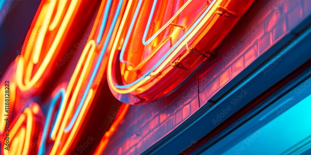 Obraz premium Close up view of a vintage red neon sign glowing against a backdrop of blue light, highlighting the vibrant red neon sign s unique charm and nostalgic appeal.