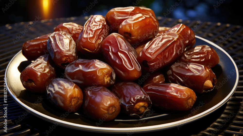 Close-up of a Pile of Ripe Brown Dates on a Dark Plate Close-up of a Pile of Ripe Brown Dates on a Dark Plate