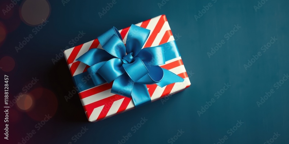 Obraz premium A single red and white striped gift box with a blue bow sits on a blue background, a celebration of giving.
