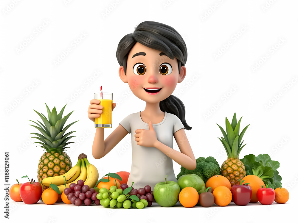 Beautiful Brunette Woman Holding a Glass of Juice and Fresh Fruits – 3D Cartoon Illustration Representing a Balanced and Healthy Diet Beautiful Brunette Woman Holding a Glass of Juice and Fresh Fruits – 3D Cartoon Illustration Representing a Balanced and Healthy Diet