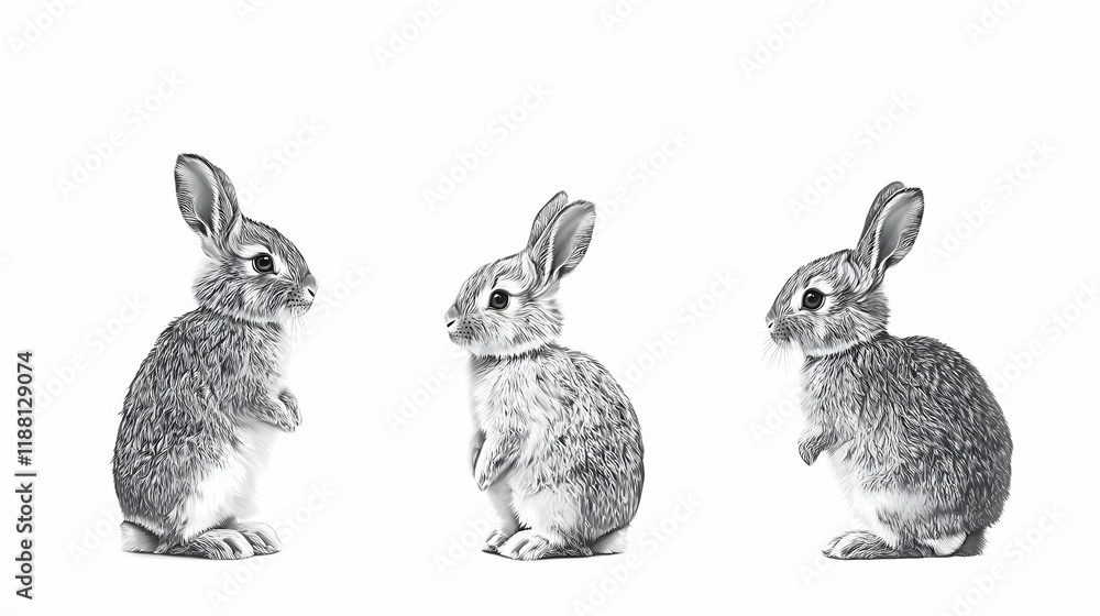 Fototapeta premium Three baby rabbits standing, side-by-side, on a white background, illustration style